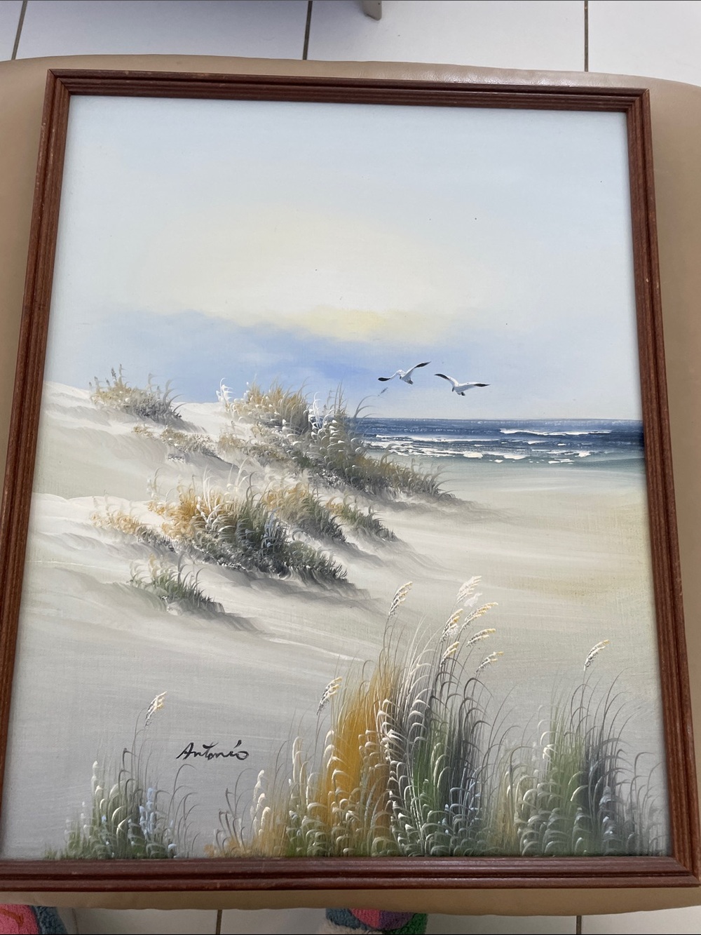 Seaside Dune Landscape Wall Art - Soft Blue & Cream oil painting vintage signed